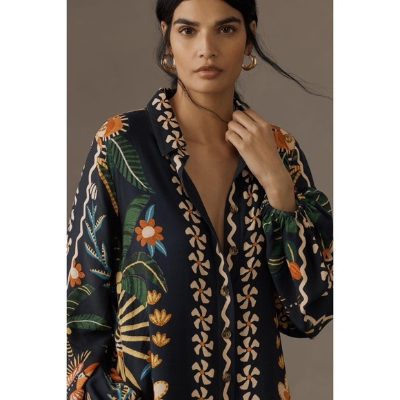NWT Anthropologie x Farm Rio Floral Birds Long-Sleeve Button-Front Midi Dress​​​ - Picture 9 of 10